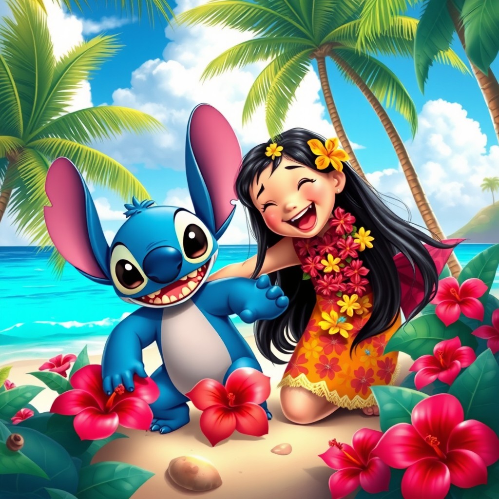 A colorful and vibrant tropical scene inspired by the movie "Lilo and Stitch"