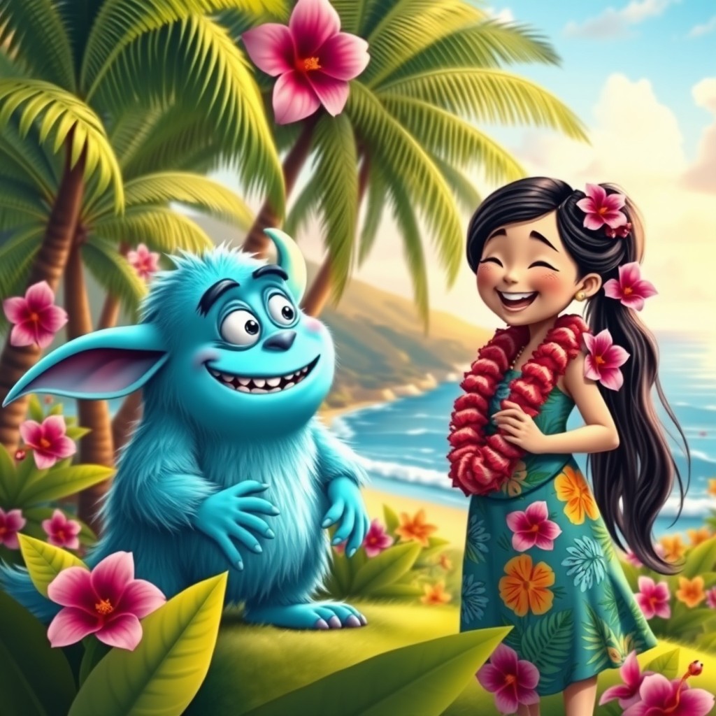 A whimsical scene featuring a charming blue monster with large ears and a playful expression, interacting with a Hawaiian girl who has long dark hair tied in a ponytail