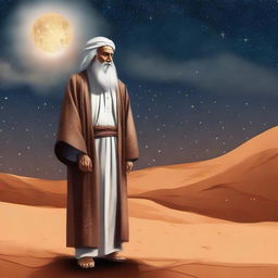 An elderly, wise Arab figure in traditional clothes, with a background of a tranquil desert under the starry sky.