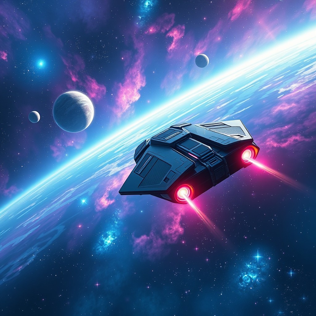 A captivating digital art scene depicting a vast, starry space exploration environment for a sci-fi book cover