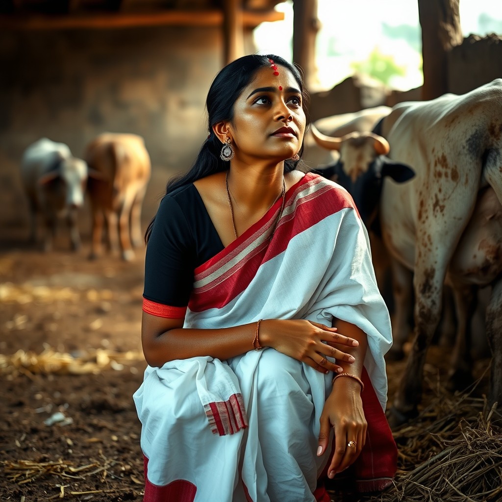 A traditional Indian woman wearing a black blouse and white saree with a red border, squatting in a rustic cowshed while milking a cow