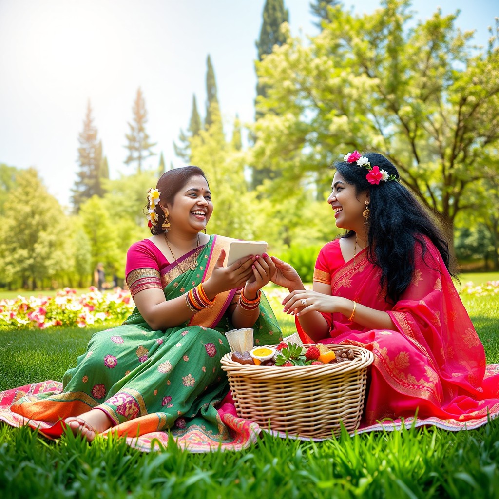 A romantic scene featuring an Indian lesbian couple enjoying a picnic in a lush green park