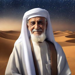 An elderly, wise Arab figure in traditional clothes, with a background of a tranquil desert under the starry sky.