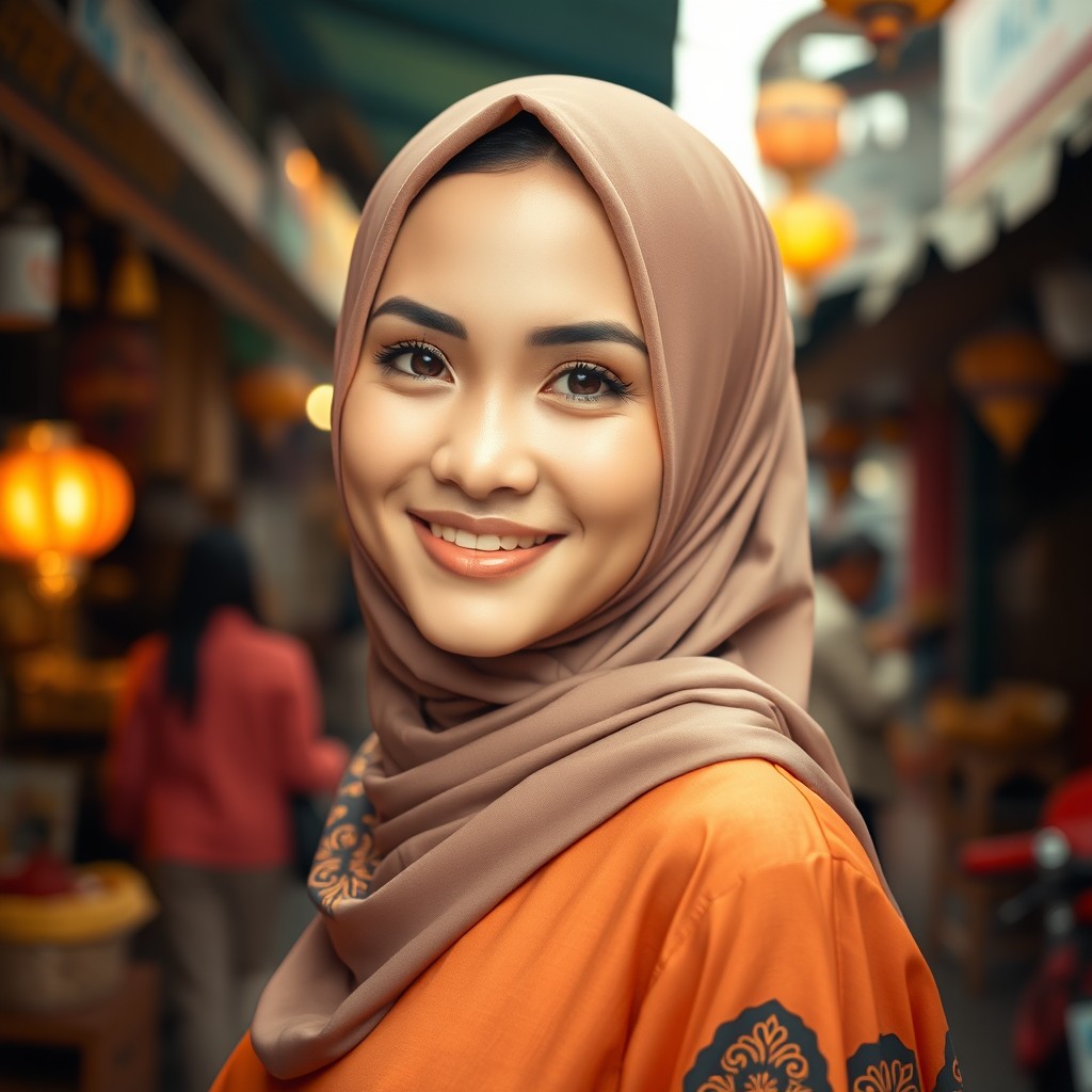 A beautiful Indonesian woman wearing a stylish hijab, exuding confidence and grace