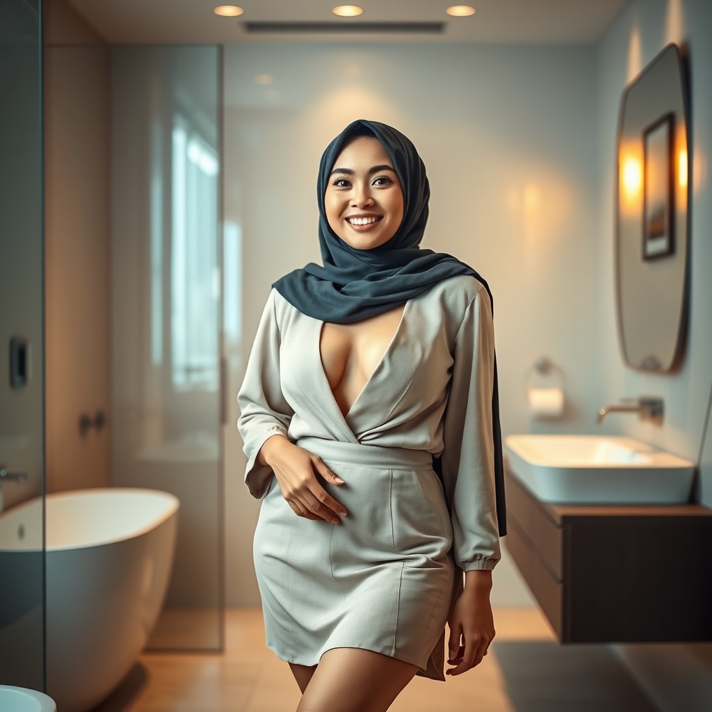 A stylish Indonesian woman in a full-body shot wearing a fashionable hijab, standing confidently in a modern bathroom setting