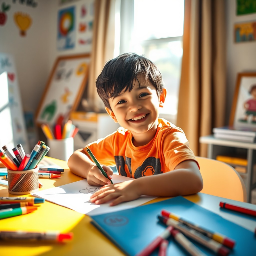 A cute young boy drawing, with a joyful expression on his face