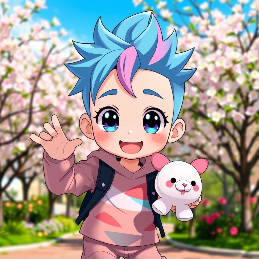 A cute anime boy with large expressive eyes and a playful smile, wearing a colorful casual outfit