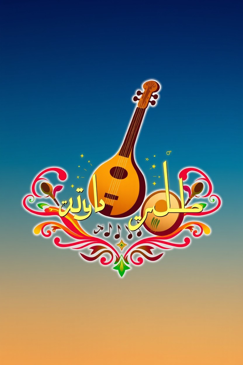 A vibrant and eye-catching logo for an Arabian-themed music YouTube channel, featuring traditional Arabic musical instruments such as an oud and a darbuka
