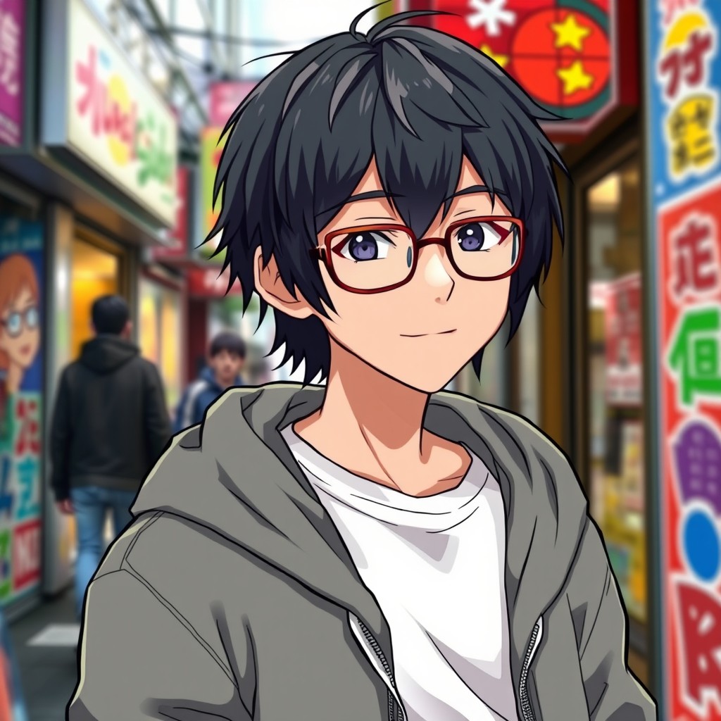 A stylish portrait of a character inspired by Izumi Miyamura, a popular anime character known for his unique hairstyle and glasses