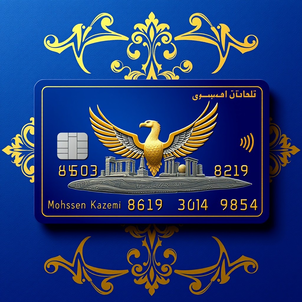 A modern Persian bank card design featuring elegant Achaemenid (Hakhamaneshian) art