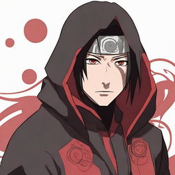 Itachi Uchiha, from Naruto, without a background, displaying a stern and serious attitude. His Akatsuki robe is detailed and his Sharingan eyes are glowing intensely.