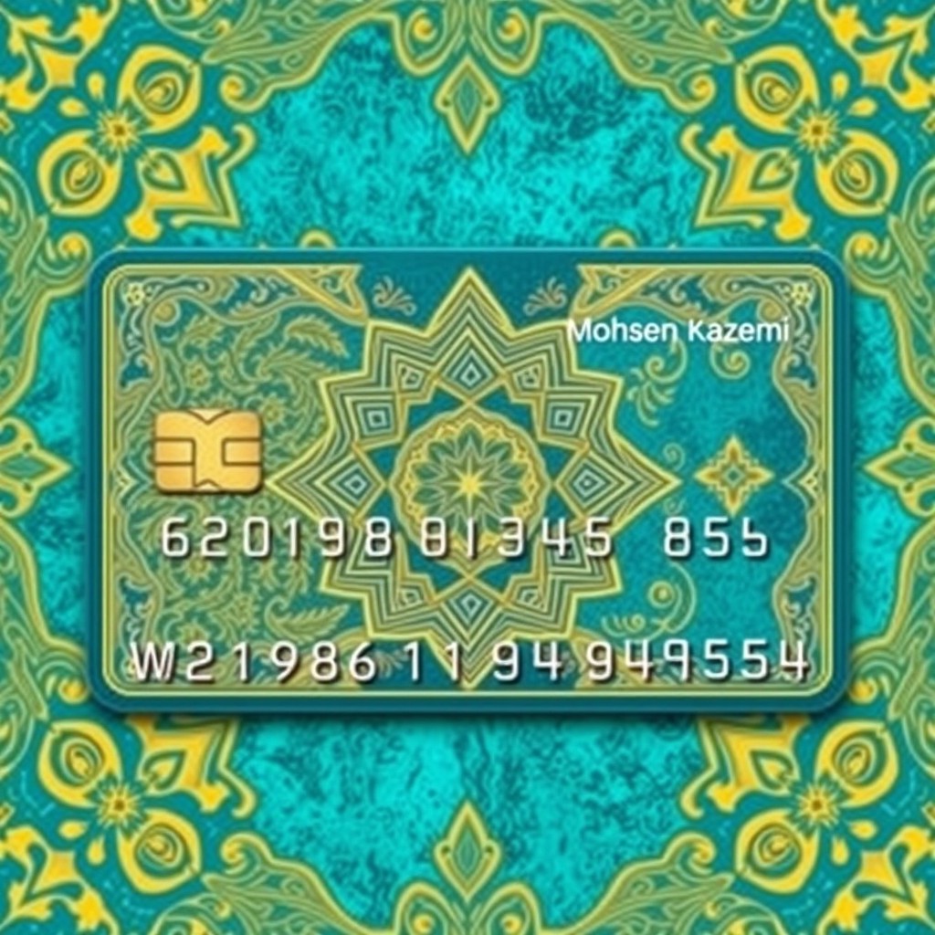 A beautifully designed bank card featuring intricate patterns inspired by Persepolis (Takht-e Jamshid), personalized with the name 'Mohsen Kazemi'