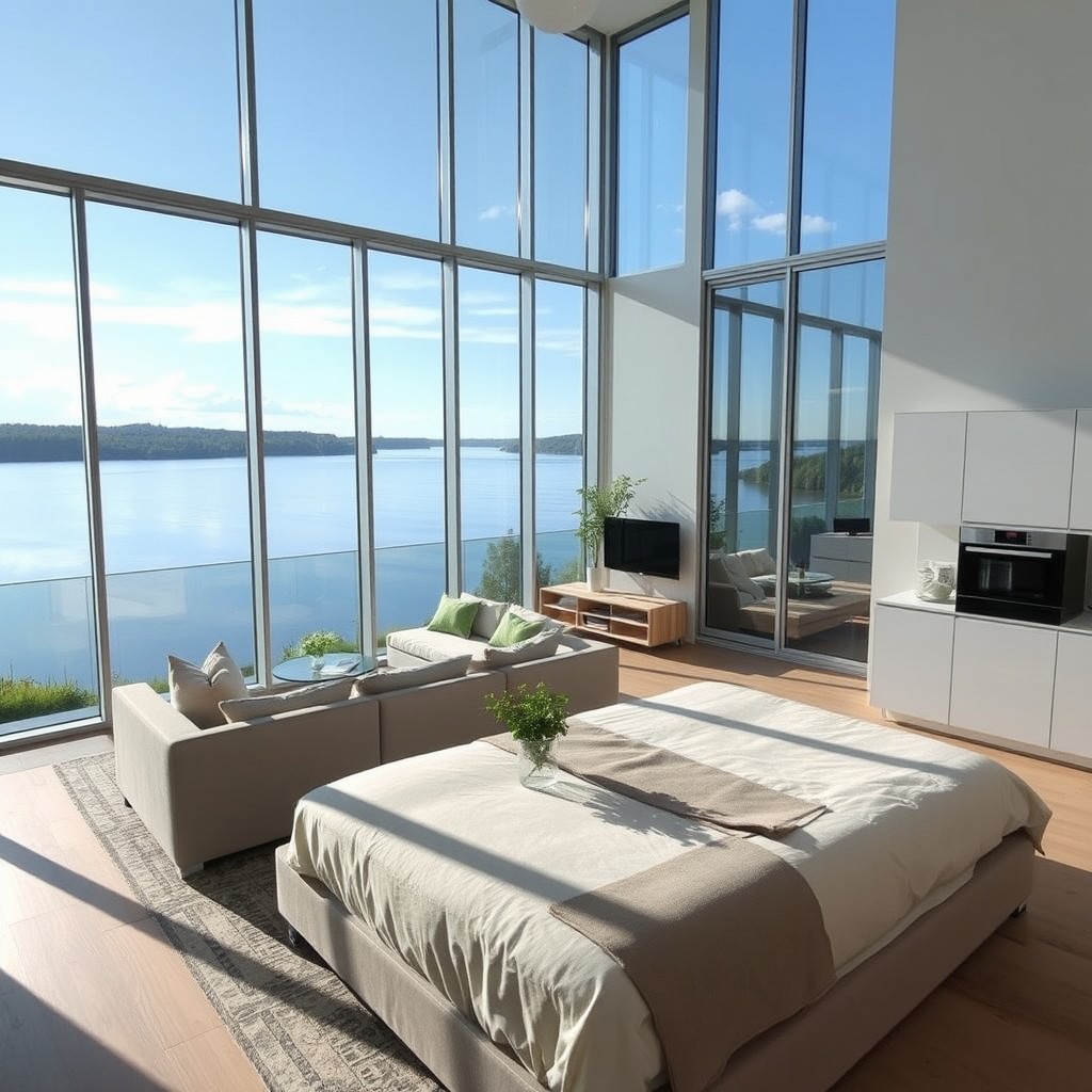 A modern glass-fronted apartment with stunning views of a tranquil lake