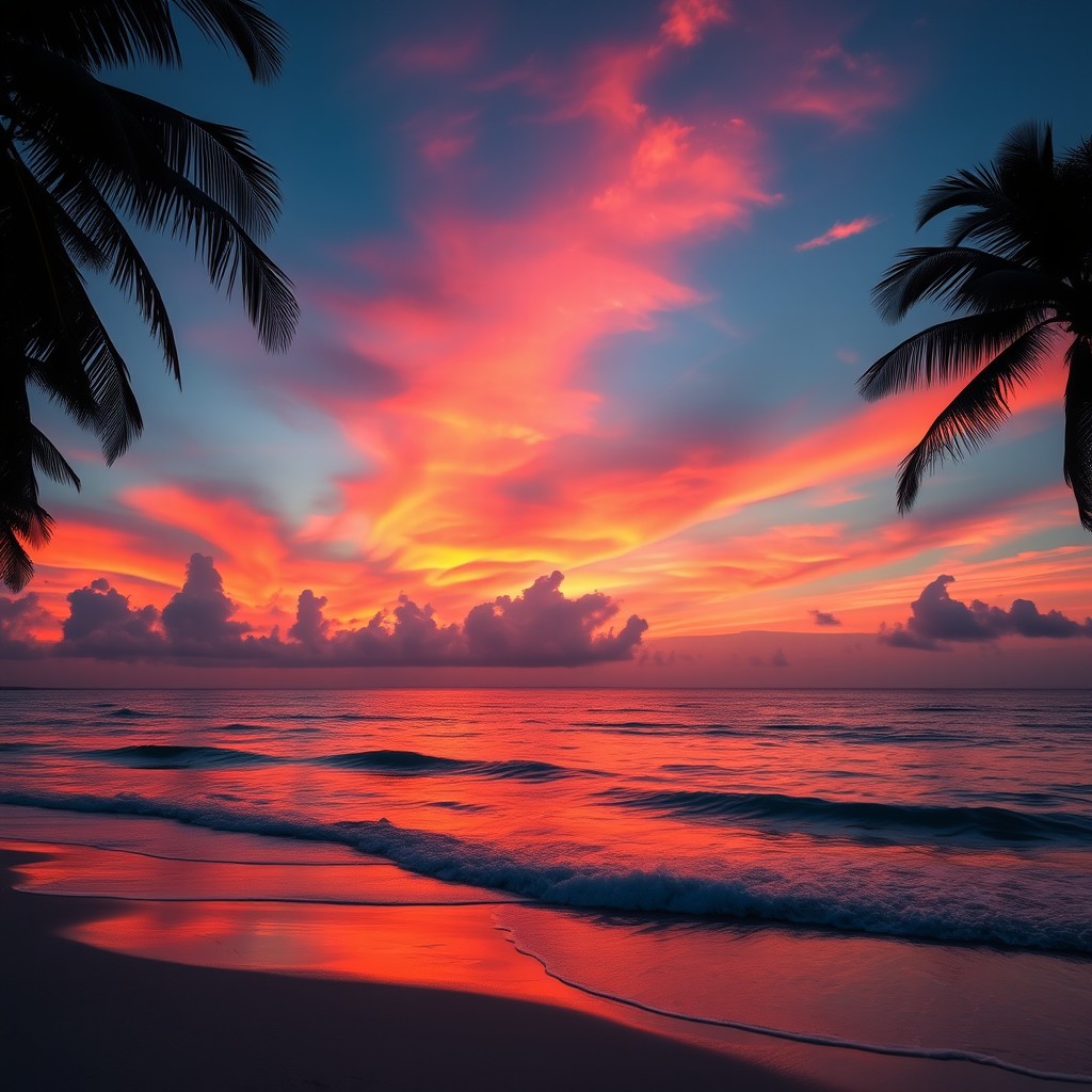 a beautiful sunset over a serene beach, vibrant colors of orange, pink, and purple reflecting off the water, gentle waves lapping at the shore, silhouettes of palm trees framing the scene, and a few wispy clouds scattered in the sky, creating a peaceful and tranquil atmosphere