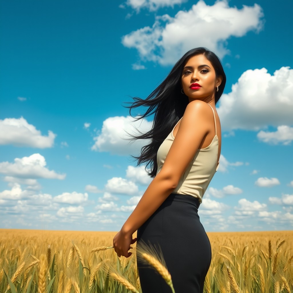 A lush green wheat field stretches across the image under a stunning blue sky filled with fluffy, white, cotton-like clouds