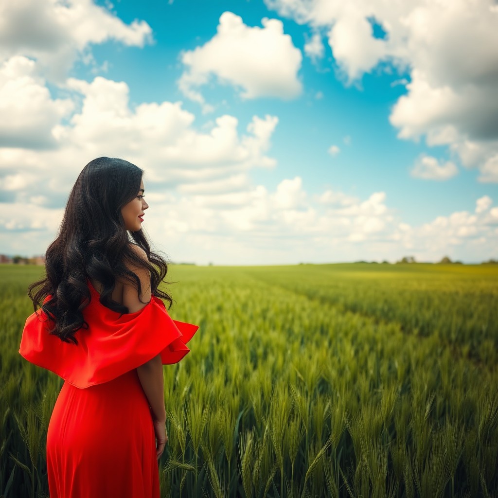 A serene green wheat field stretching into the distance under a beautiful blue sky adorned with fluffy white clouds