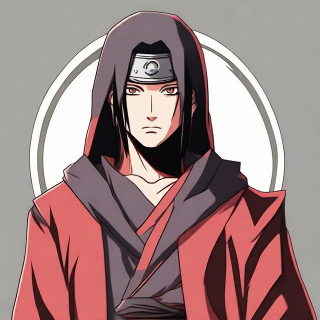 Itachi Uchiha, from Naruto, without a background, displaying a stern and serious attitude. His Akatsuki robe is detailed and his Sharingan eyes are glowing intensely.