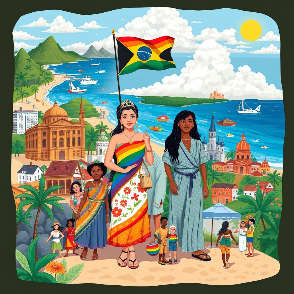 A visually engaging illustration that encapsulates the cultural memories and heritage of the LGBTQIAPN+ community in Florianópolis, Brazil, viewed through the lens of declassification