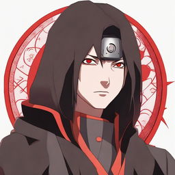 Itachi Uchiha, from Naruto, without a background, displaying a stern and serious attitude. His Akatsuki robe is detailed and his Sharingan eyes are glowing intensely.