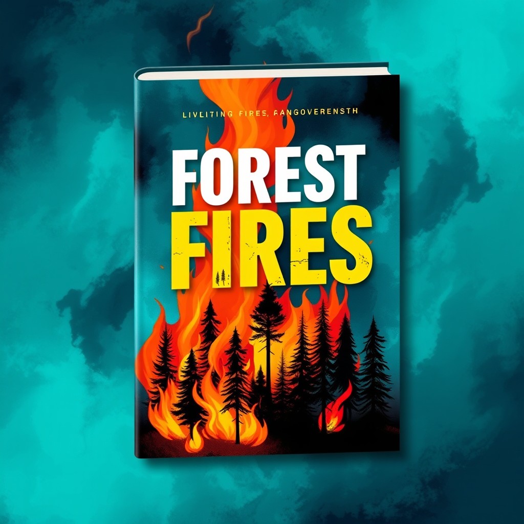 A book cover design focusing on forest fires, featuring a dramatic and vibrant composition