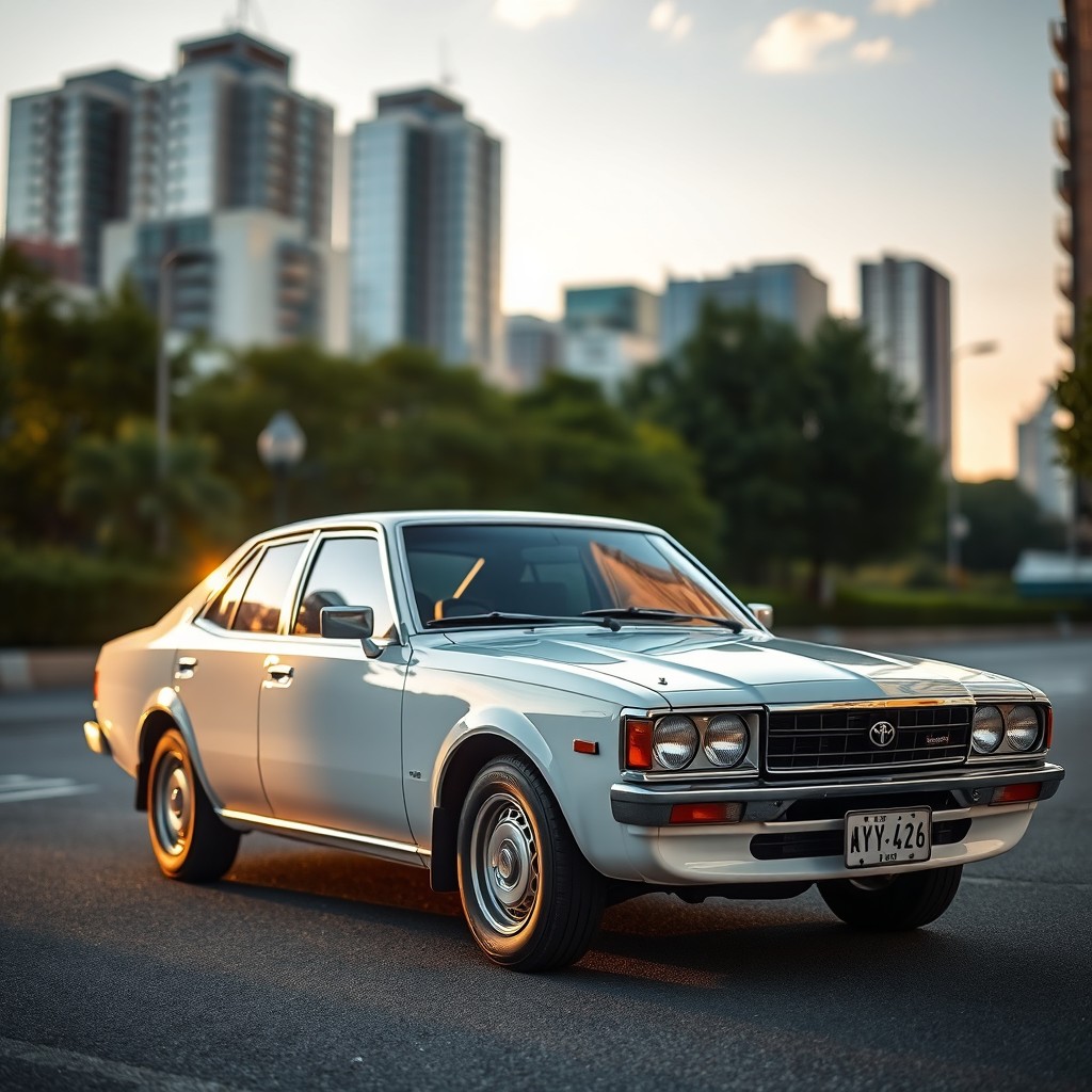 A pristine, white Toyota Mark II parked on a scenic urban street