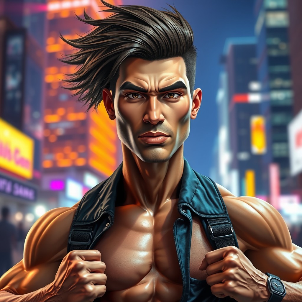 An artistic interpretation of a head placed on a muscular, athletic body showcasing a striking pose
