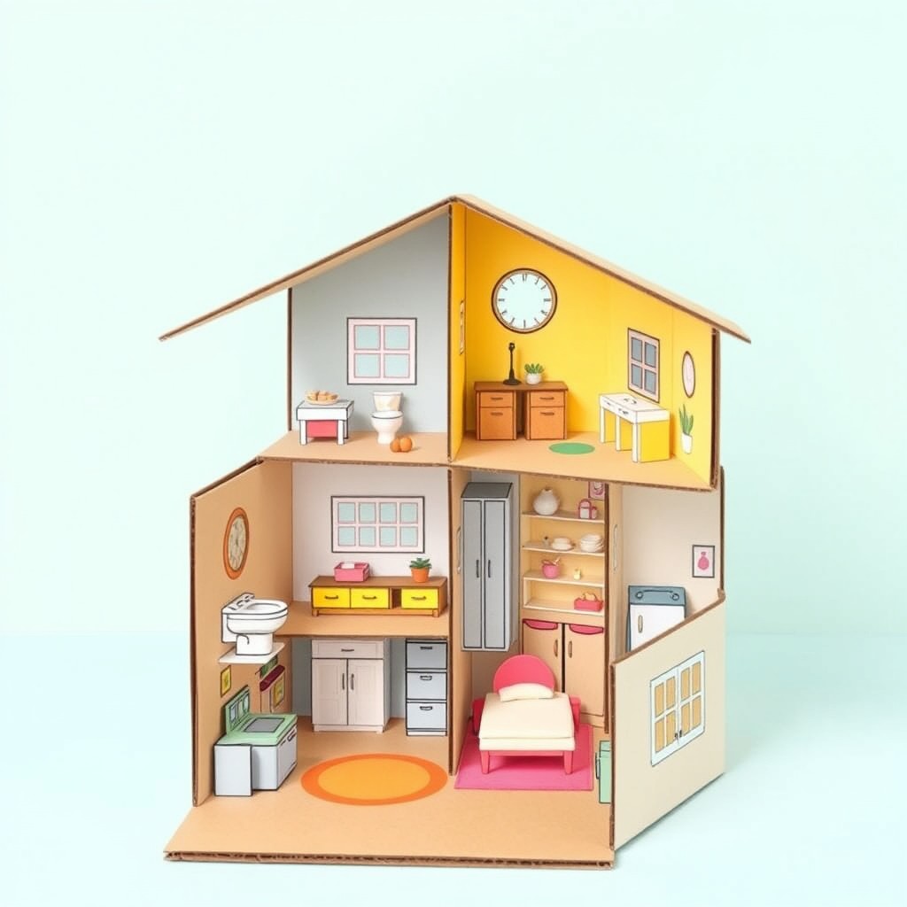 A simple drawing of a 4-room house designed in Toca Boca style, made of cardboard