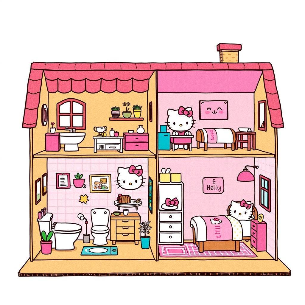 A detailed drawing of a single-story, 4-room house in cardboard style, designed in Toca Boca style, featuring a bathroom with a toilet, a living room, a kitchen, and a bedroom