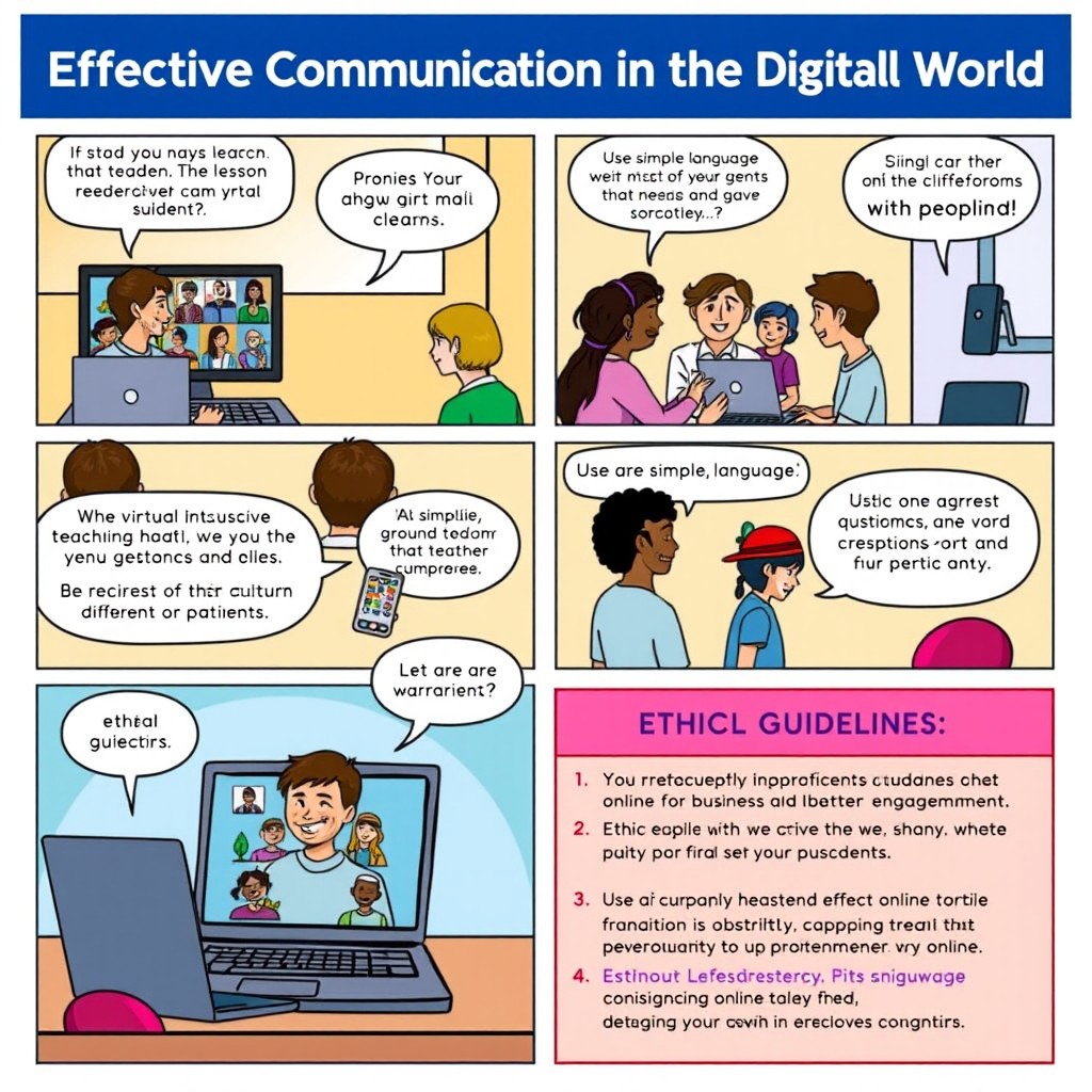A comic strip titled 'Effective Communication in the Digital Global World' targeted at teachers