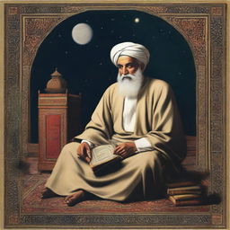 A wise Arab man, sitting on a Persian rug, surrounded by ancient books, under the moonlight