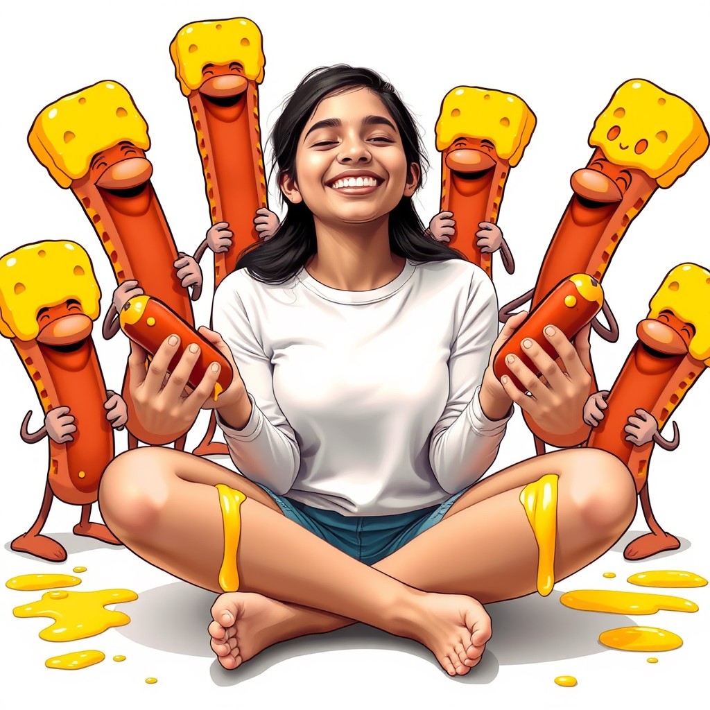 A young woman of Pakistani descent, aged 18, sitting in a crisscross position, radiating joy with her eyes closed in a carefree smile