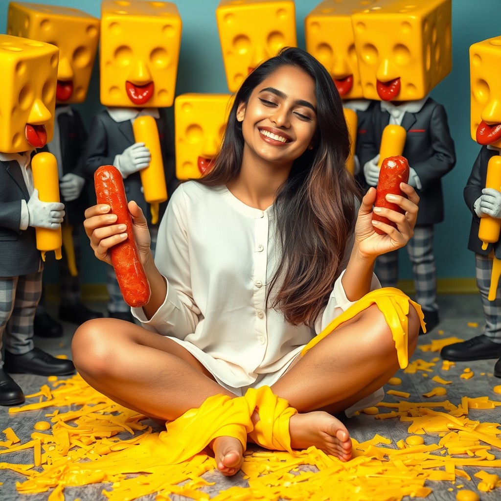 A vibrant and whimsical scene featuring a young Pakistani woman, around 18 years old, sitting criss-cross on the ground, smiling with her eyes closed