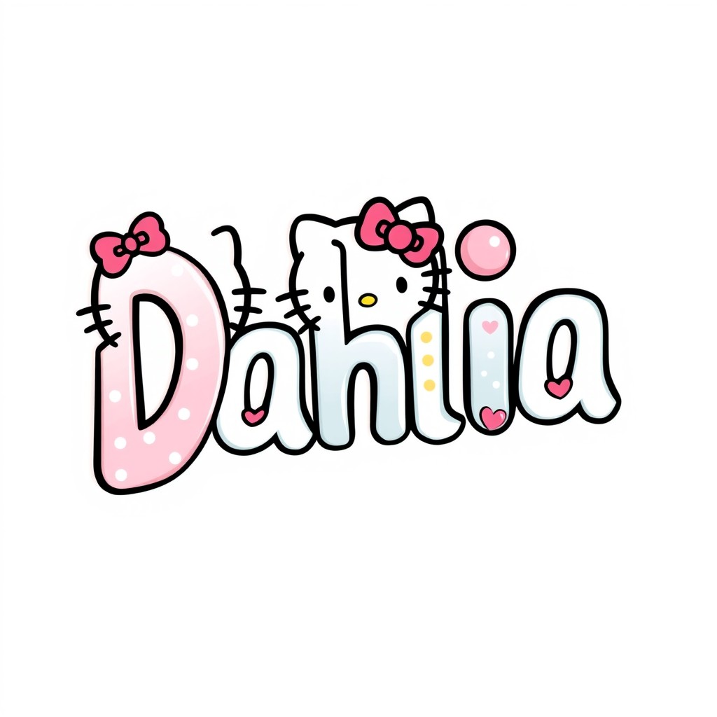 A playful and colorful rendering of the name 'Dahlia' designed using letters styled like Hello Kitty