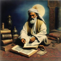 A wise Arab man, sitting on a Persian rug, surrounded by ancient books, under the moonlight