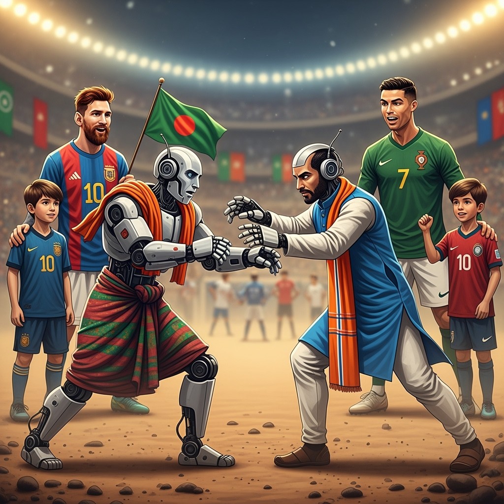 In a dusty arena, a Bangladeshi robot wearing a colorful lungi and an Indian robot dressed in a traditional kurta are engaged in an intense hand-to-hand combat