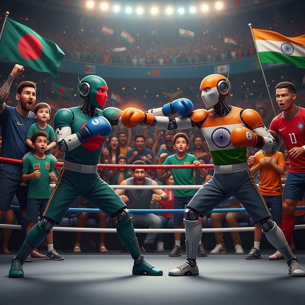 A dynamic and realistic scene featuring two robots, one dressed with the Bangladeshi flag and the other with the Indian flag, engaged in an intense boxing match