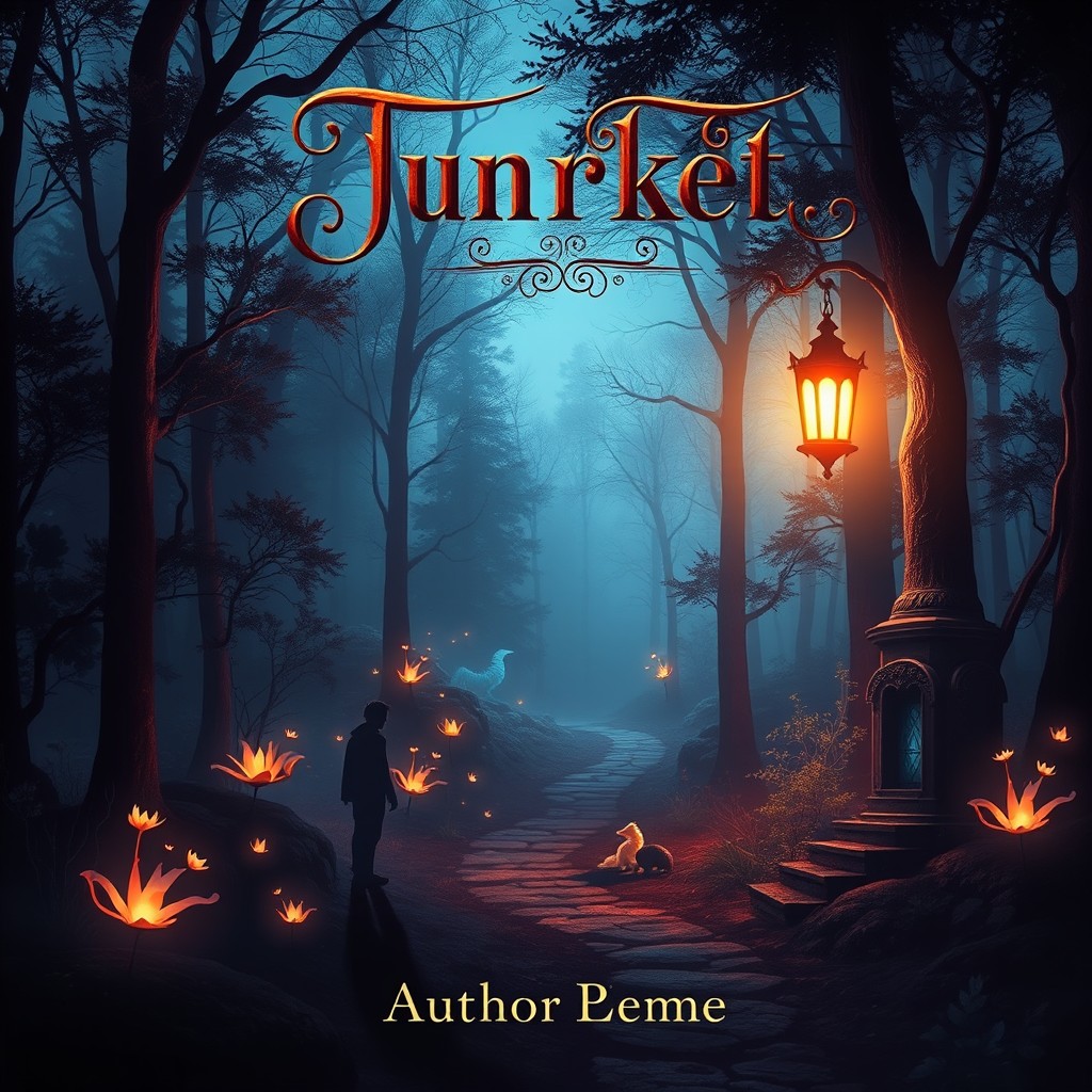 A captivating book cover design featuring a mystical forest at twilight, with ethereal glowing plants and a winding path leading into the trees