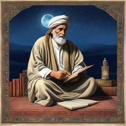 A wise Arab man, sitting on a Persian rug, surrounded by ancient books, under the moonlight