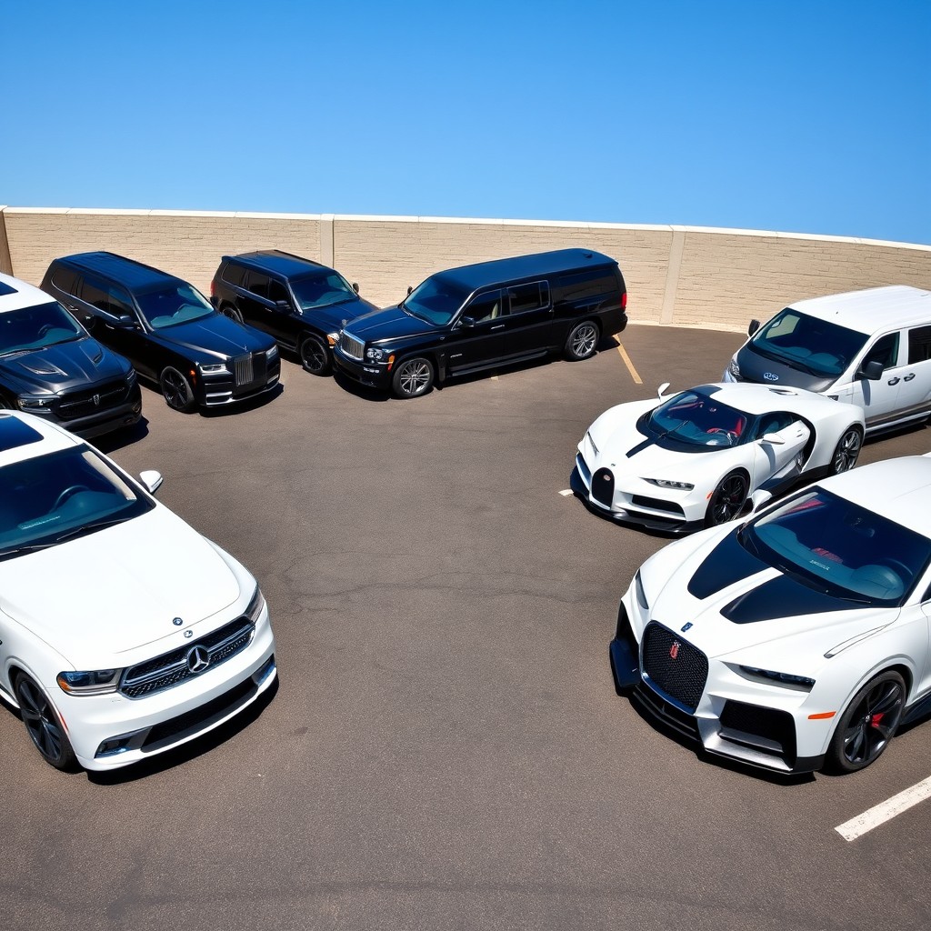 A well-composed, vibrant photograph of a stylish parking lot showcasing an impressive collection of luxury vehicles