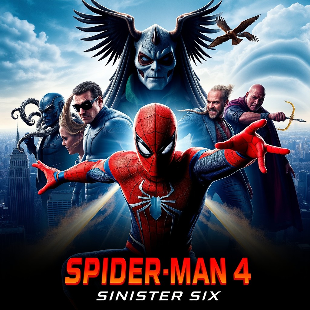 An exciting movie poster for 'Spider-Man 4: Sinister Six (2025)', featuring Spider-Man in the foreground heroically posed in his classic red and blue suit, a web slinging action pose against a city skyline backdrop