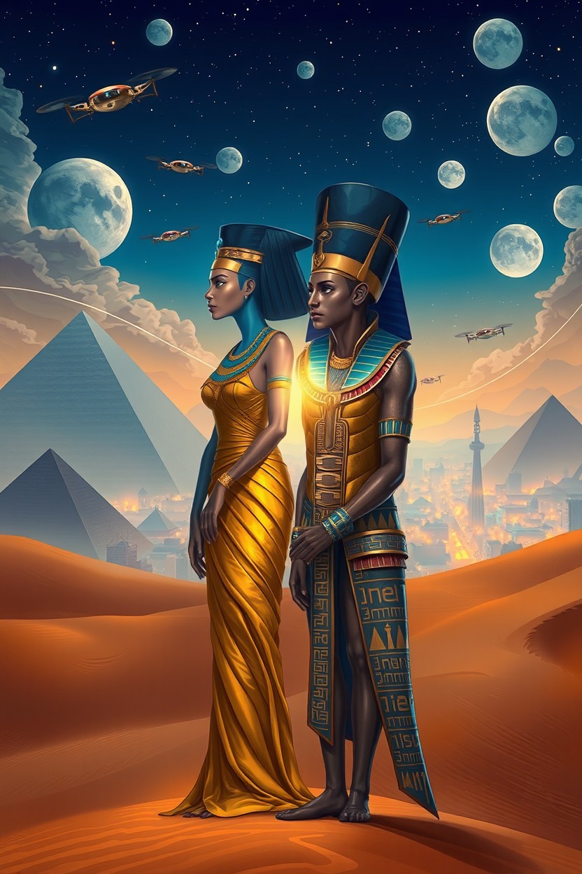 Epic illustration of Nefertiti and Ramsés standing on a dune illuminated by a futuristic city in the background, featuring glass pyramid skyscrapers, floating Egyptian holograms, and a sky filled with solar drones and artificial moons