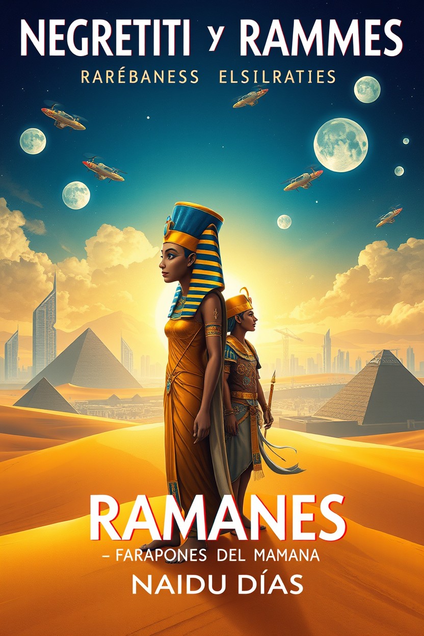 An epic illustration for the book cover titled "Nefertiti y Ramsés: Faraones del Mañana" featuring Nefertiti and Ramsés standing on a sand dune, illuminated by a futuristic city in the background