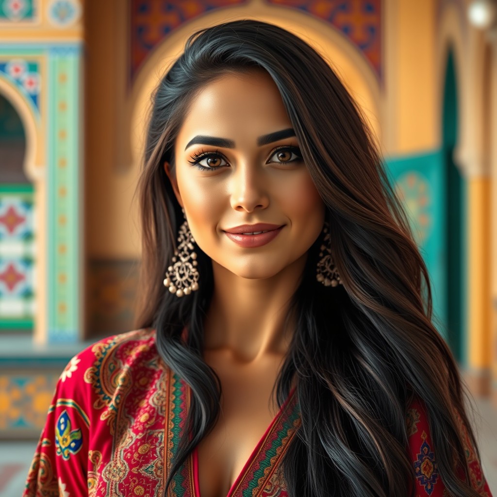 A stunning portrait of a Persian woman, showcasing her traditional attire with intricate patterns and vibrant colors