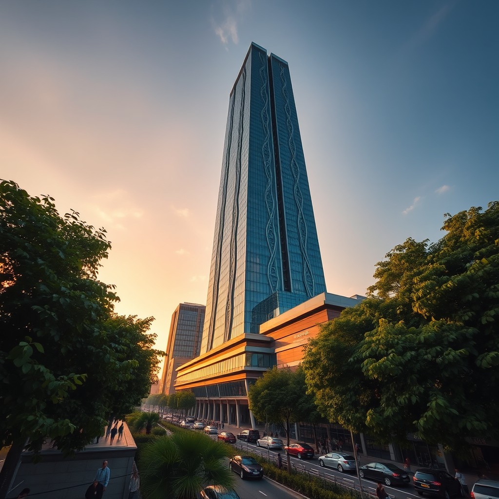 A stunning view of a modern skyscraper reaching into the sky, showcasing intricate architectural designs and a sleek glass facade