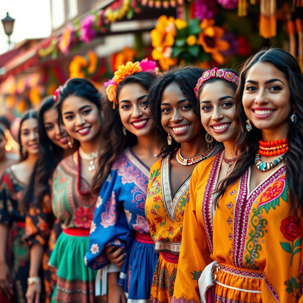 A stunning portrait of a group of diverse Latin American women, showcasing their beauty and cultural attire