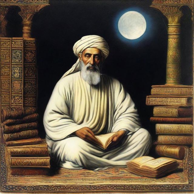 A wise Arab man, sitting on a Persian rug, surrounded by ancient books, under the moonlight