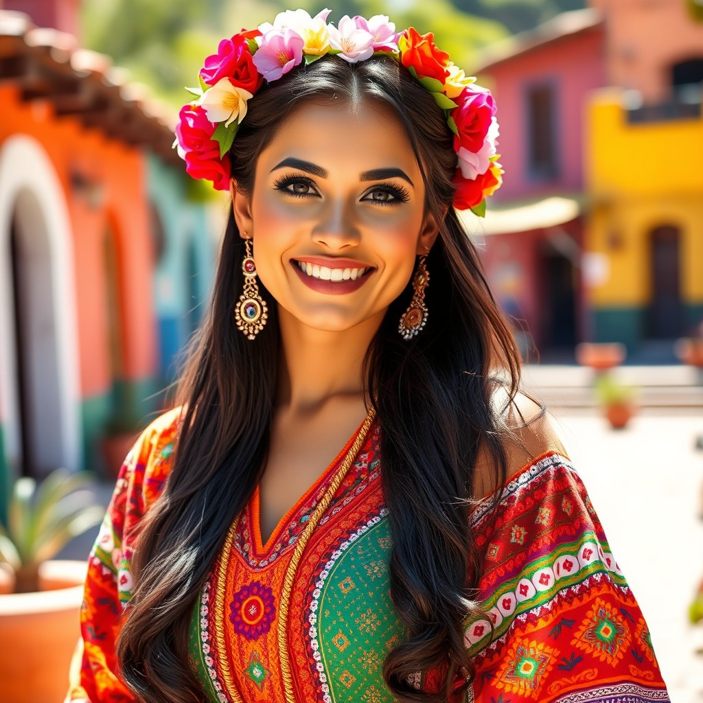 A stunning Mexican woman confidently posed in traditional attire, showcasing vibrant colors and intricate patterns