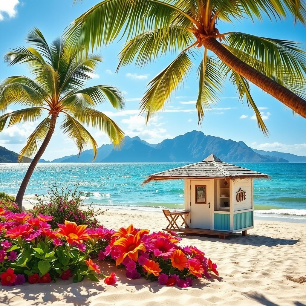 A picturesque beach scene featuring a charming beach hut designed as a coffee house, sitting right on the soft sand