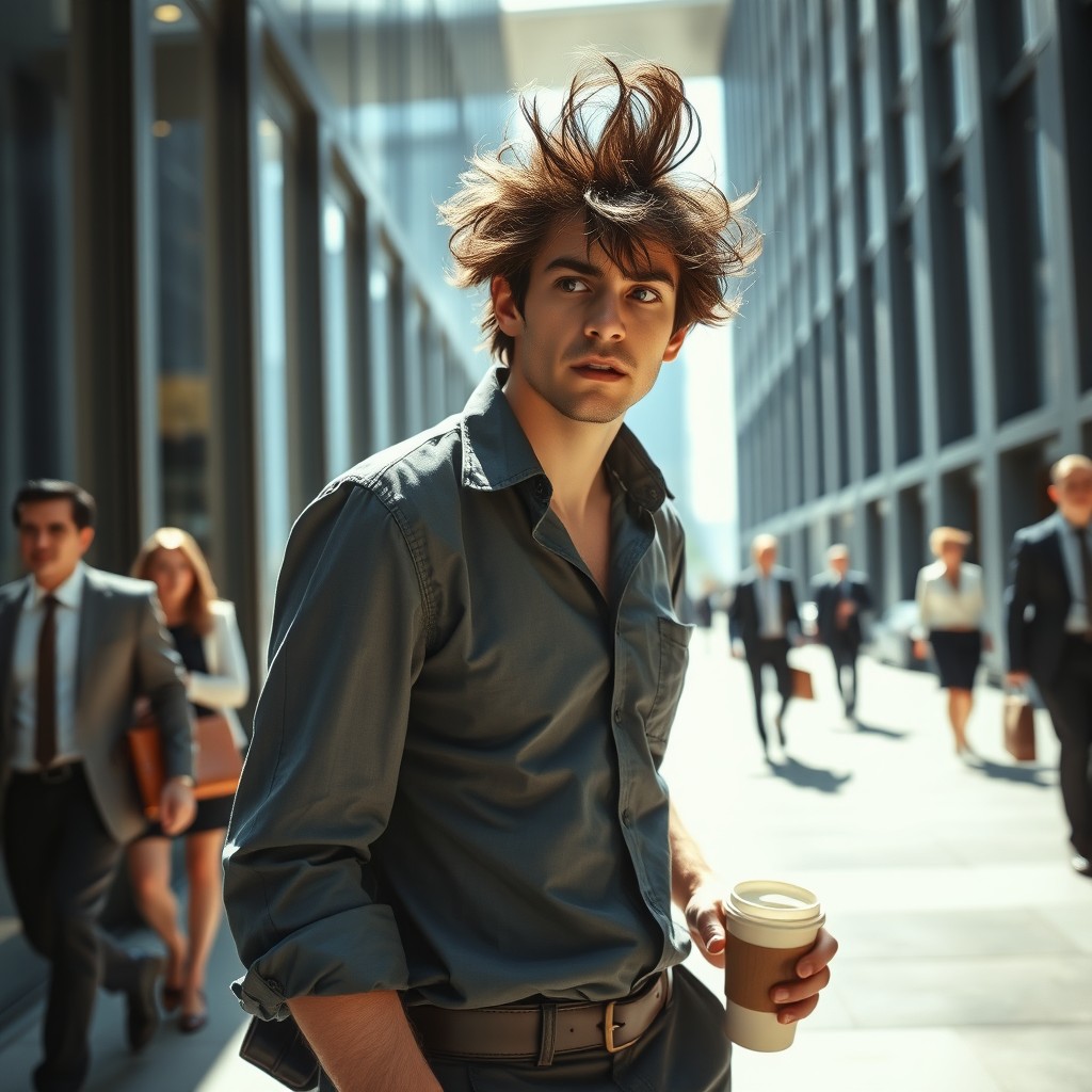 A wide shot of a tired young man with messy dark brown hair, wearing wrinkled office clothes, entering a tall, modern office building bathed in bright morning light