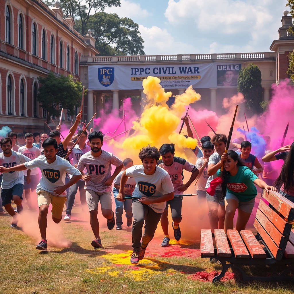 A dramatic scene depicting a vibrant university campus engaged in a battle, titled 'IPC Civil War'